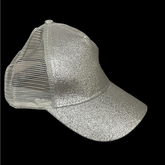 Glitter Ponytail Baseball Cap Silver Mesh High Bun Trucker Hat Adjustable - Picture 4 of 13